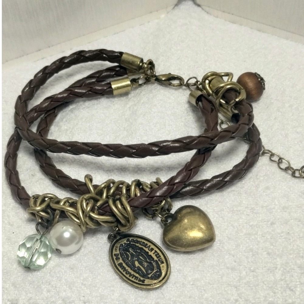 Brown‎ Braided Leather Multi Strand Wrap Bracelet Heart Religious Charms Brass